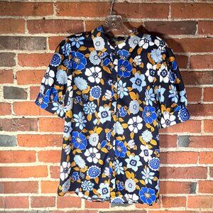 ModCloth Floral Button Down Blouse Navy Blue Short Sleeve Top Size M